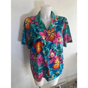 Womens HiLo Hattie Blue Pink Hawaiian Floral Shirt Large Hawaii Vintage 90’s 169